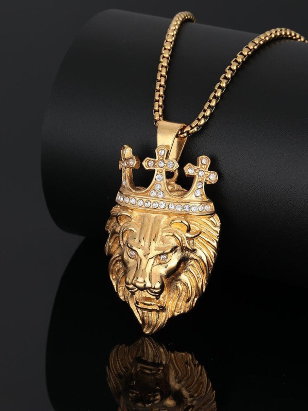 Mens Gold Lion Head Crown Cross Pendant Necklace Hip Hop King Jesus Jewelry